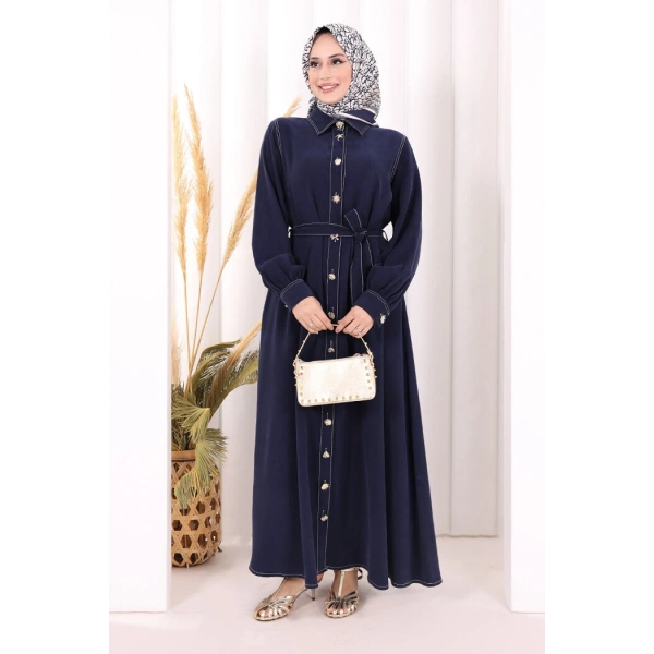 Gold Düğmeli Elbise 7065 Lacivert