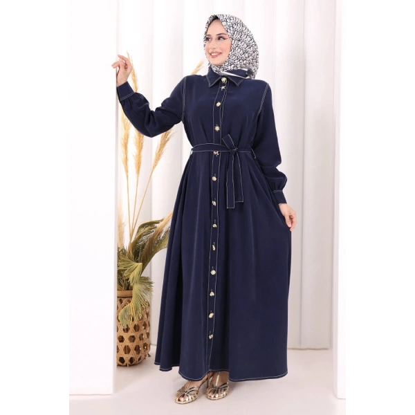 Gold Düğmeli Elbise 7065 Lacivert