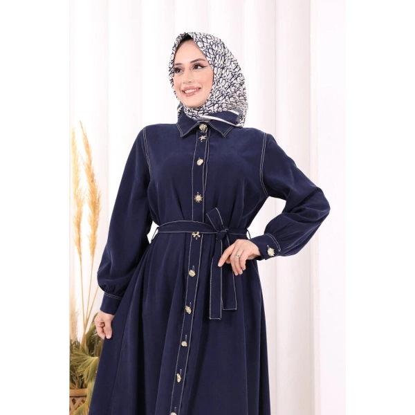 Gold Düğmeli Elbise 7065 Lacivert