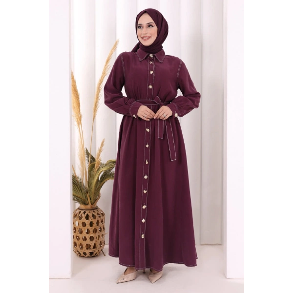 Gold Düğmeli Elbise 7065 Mürdüm