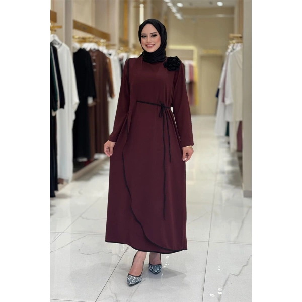 Gül Detaylı Elbise 3976 Bordo