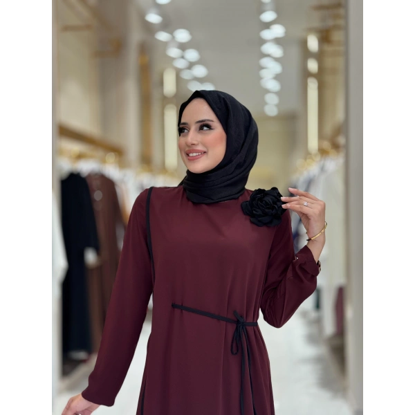 Gül Detaylı Elbise 3976 Bordo