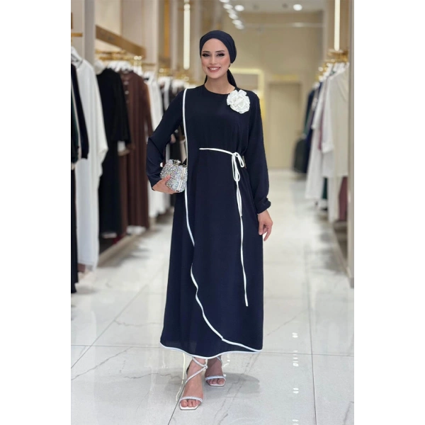 Gül Detaylı Elbise 3976 Lacivert