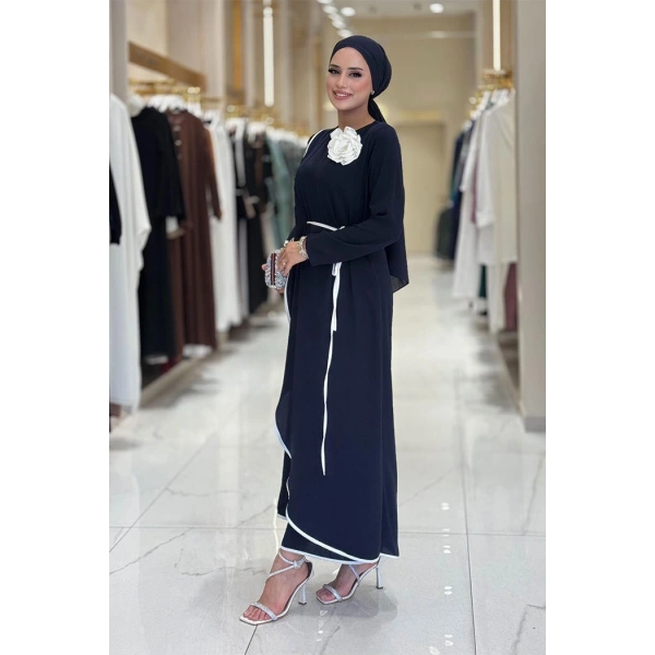 Gül Detaylı Elbise 3976 Lacivert