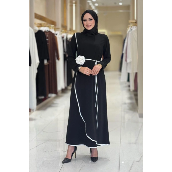 Gül Detaylı Elbise 3976 Siyah