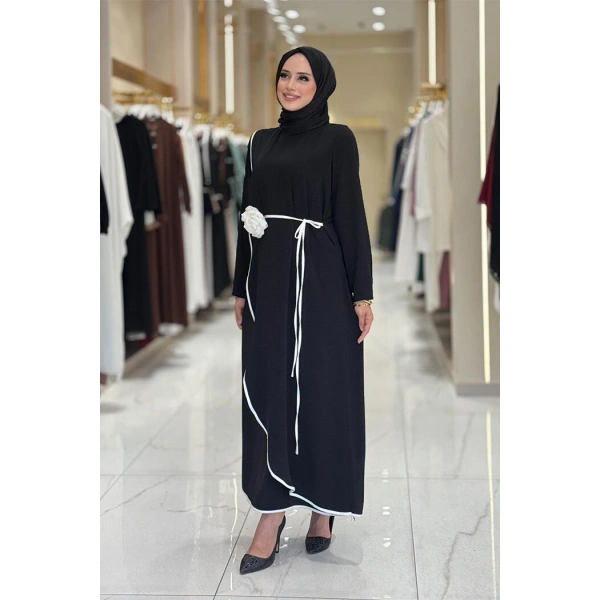 Gül Detaylı Elbise 3976 Siyah