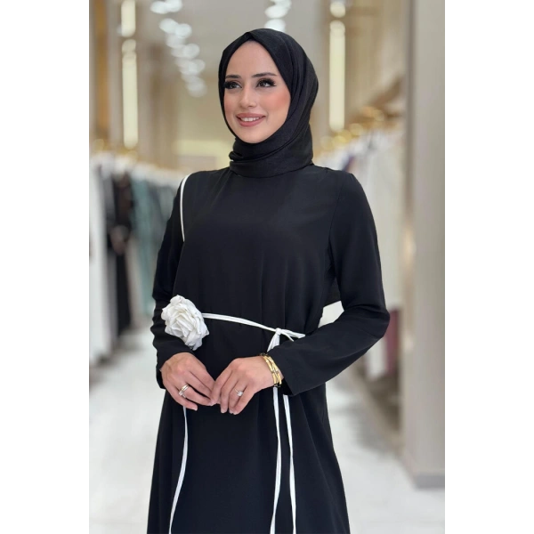 Gül Detaylı Elbise 3976 Siyah