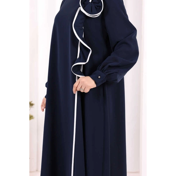 Gül ve Şerit Detaylı Elbise Şal Hediyeli 6065 Lacivert
