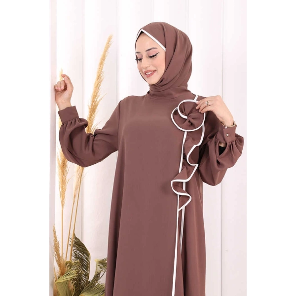 Gül ve Şerit Detaylı Elbise Şal Hediyeli 6065 Vizon