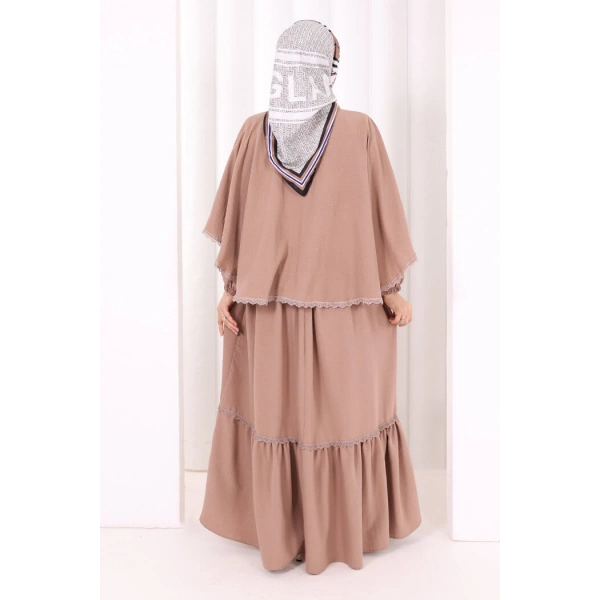 Güpür Detay Pelerinli Elbise 6079 Somon
