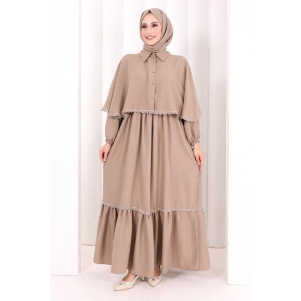Güpür Detay Pelerinli Elbise 6079 Vizon