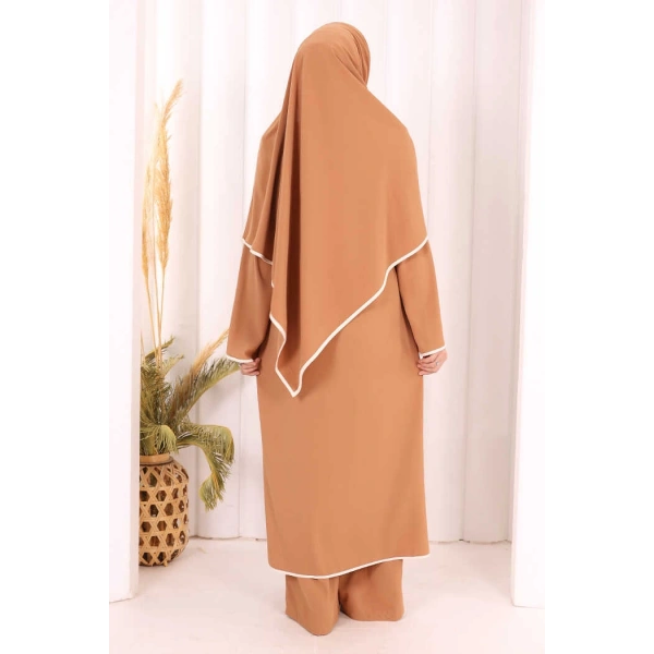 Hac Umre Biyeli Pantolonlu Tunik Takım ŞAL HEDİYE 8001 Taba