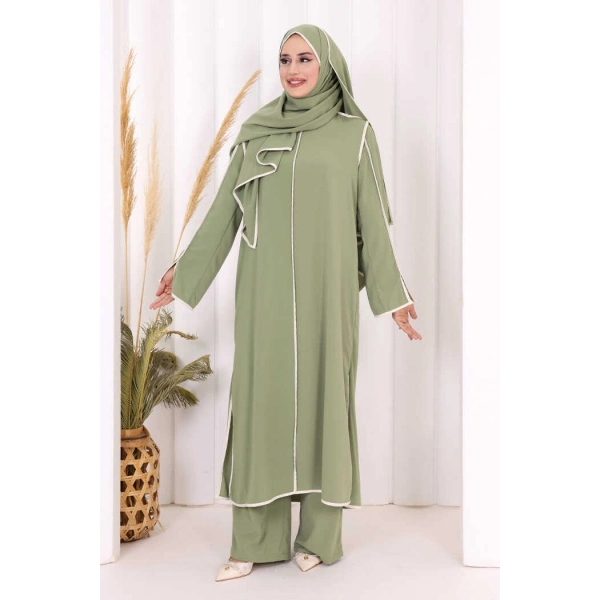 Hac Umre Biyeli Pantolonlu Tunik Takım ŞAL HEDİYE 8001 Yeşil