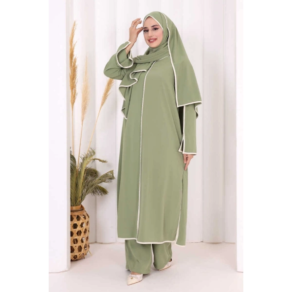 Hac Umre Biyeli Pantolonlu Tunik Takım ŞAL HEDİYE 8001 Yeşil