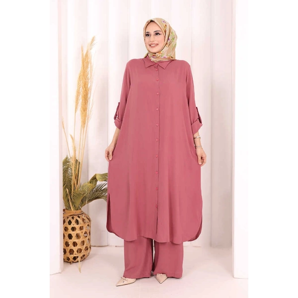 Hac Umre Düğmeli İkili Takım 6057 Gül Kurusu