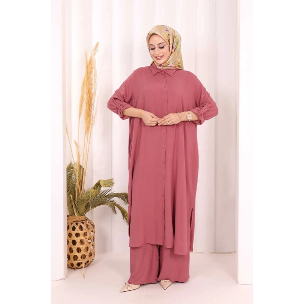 Hac Umre Düğmeli İkili Takım 6057 Gül Kurusu