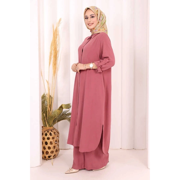 Hac Umre Düğmeli İkili Takım 6057 Gül Kurusu