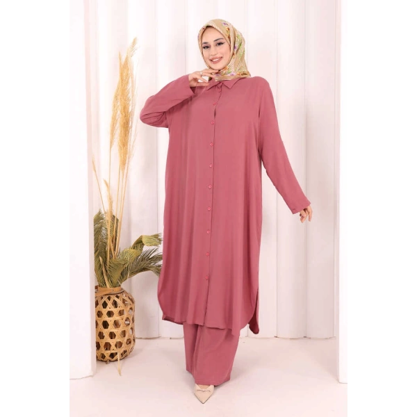 Hac Umre Düğmeli İkili Takım 6057 Gül Kurusu
