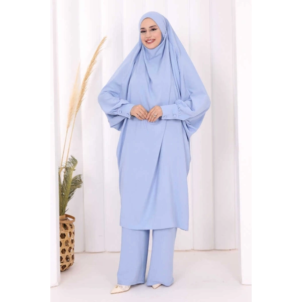 Hac Umre Sufleli Tunik Pantolon Takım 8004 Mavi