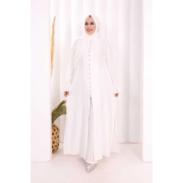 Hac  Umre Takım Önü Düğmeli Tunik,Pantolon  ŞAL  HEDİYE  8014 Ekru