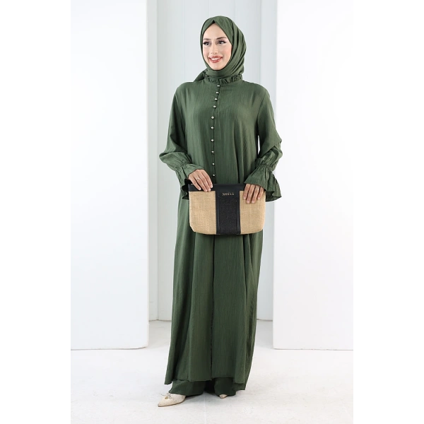 Hac  Umre Takım Önü Düğmeli Tunik,Pantolon  ŞAL  HEDİYE  8014 Haki