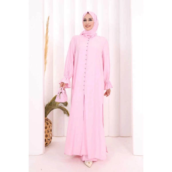 Hac  Umre Takım Önü Düğmeli Tunik,Pantolon  ŞAL  HEDİYE  8014 Pembe
