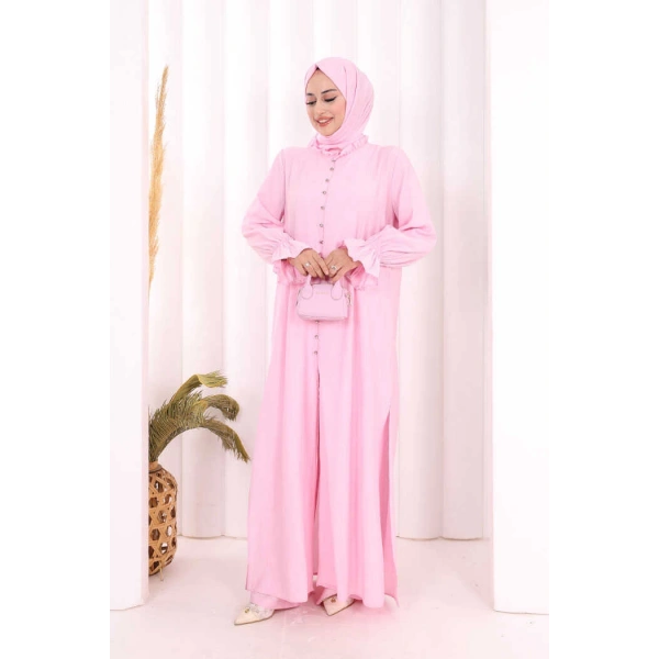 Hac  Umre Takım Önü Düğmeli Tunik,Pantolon  ŞAL  HEDİYE  8014 Pembe