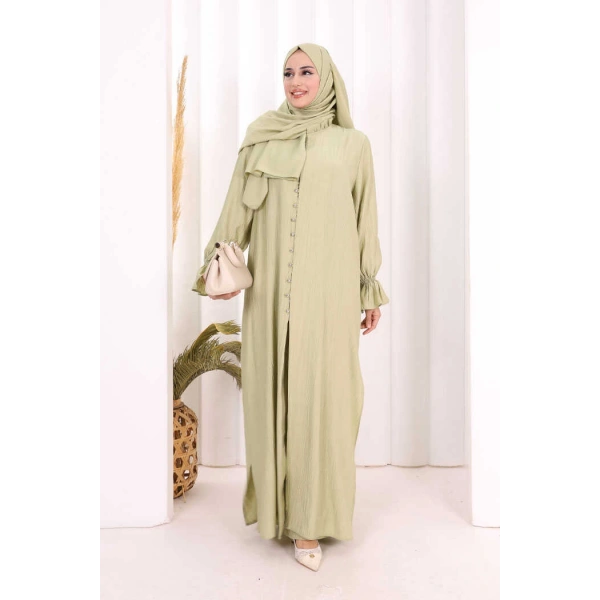 Hac  Umre Takım Önü Düğmeli Tunik,Pantolon  ŞAL  HEDİYE  8014 Yağ Yeşili