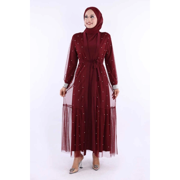 İncili Abaya Ve Elbise Takım 8491 Bordo