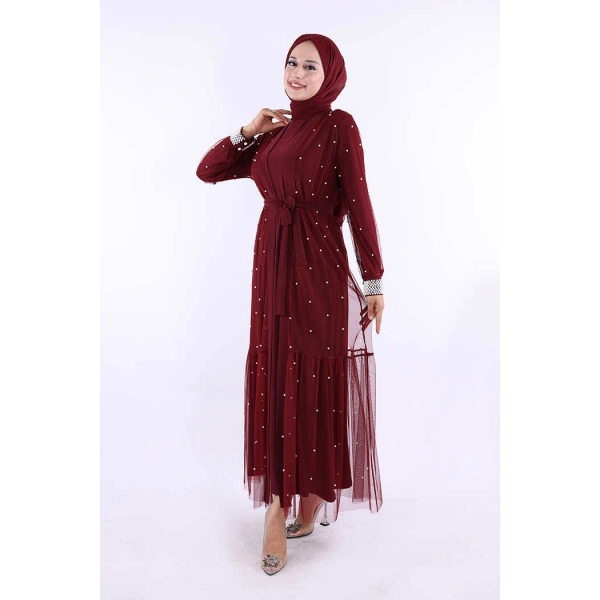 İncili Abaya Ve Elbise Takım 8491 Bordo