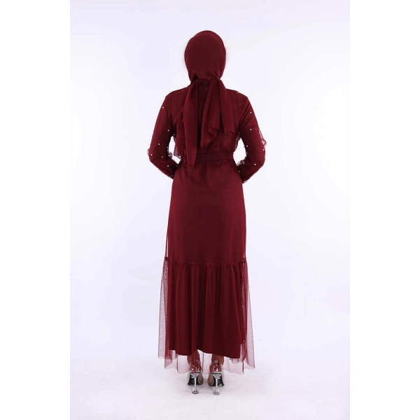 İncili Abaya Ve Elbise Takım 8491 Bordo