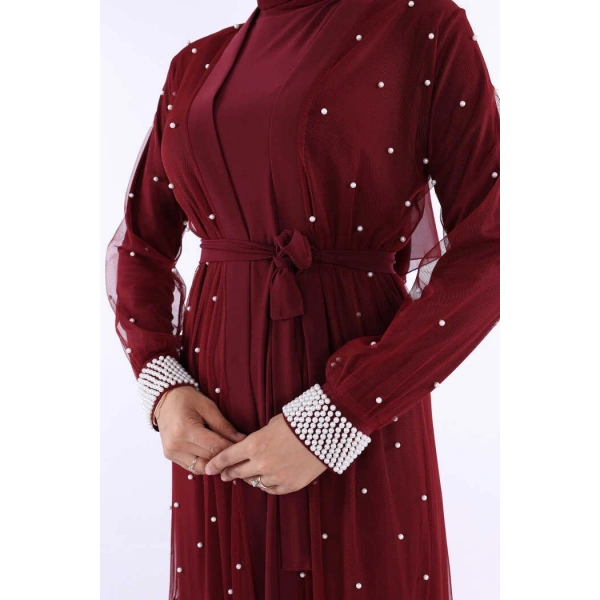 İncili Abaya Ve Elbise Takım 8491 Bordo