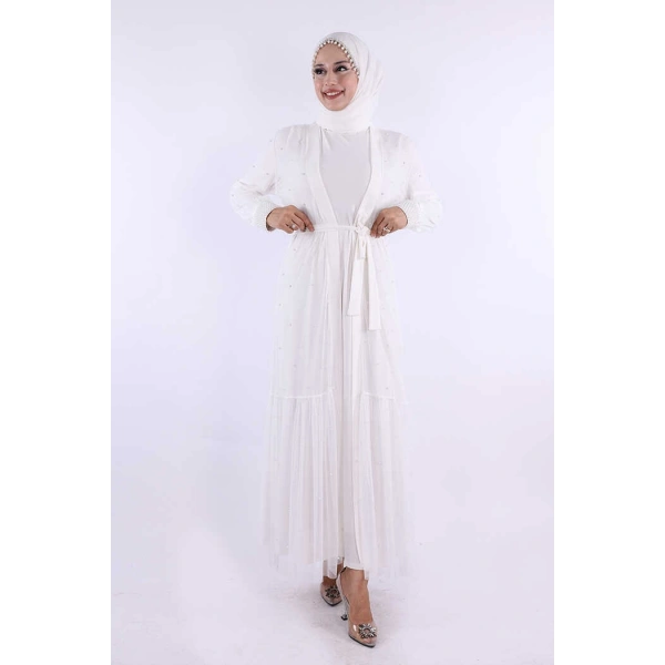 İncili Abaya Ve Elbise Takım 8491 Ekru