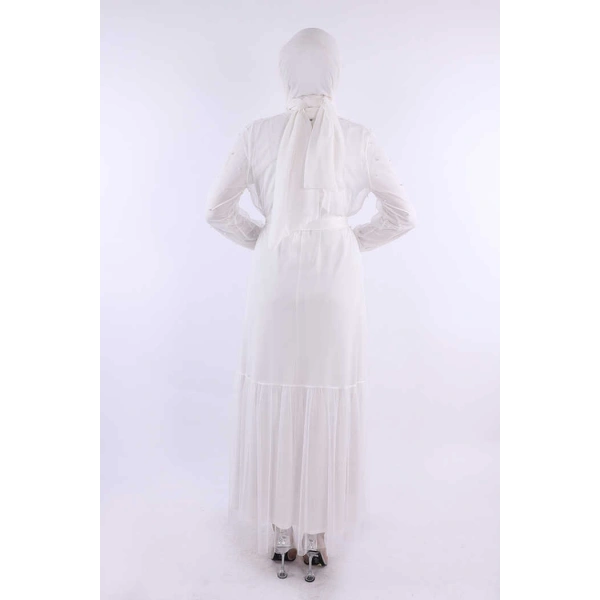 İncili Abaya Ve Elbise Takım 8491 Ekru