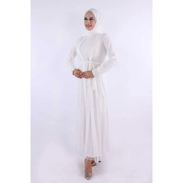 İncili Abaya Ve Elbise Takım 8491 Ekru