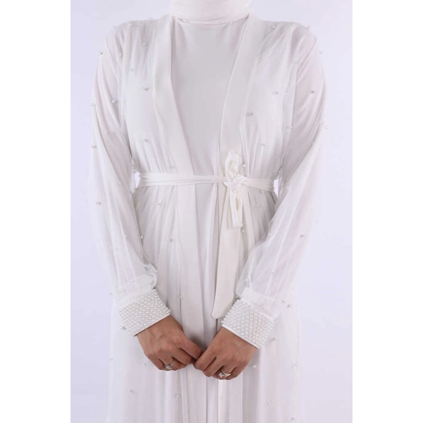 İncili Abaya Ve Elbise Takım 8491 Ekru