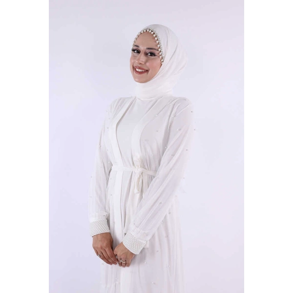İncili Abaya Ve Elbise Takım 8491 Ekru
