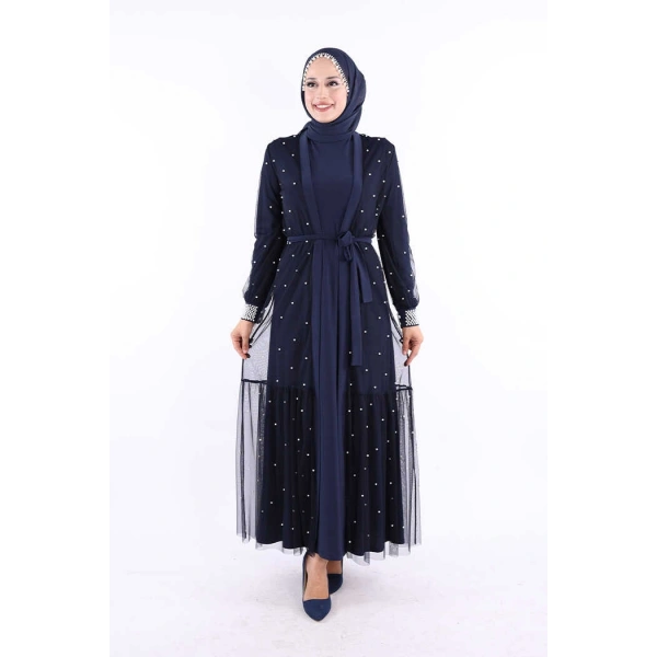 İncili Abaya Ve Elbise Takım 8491 Lacivert