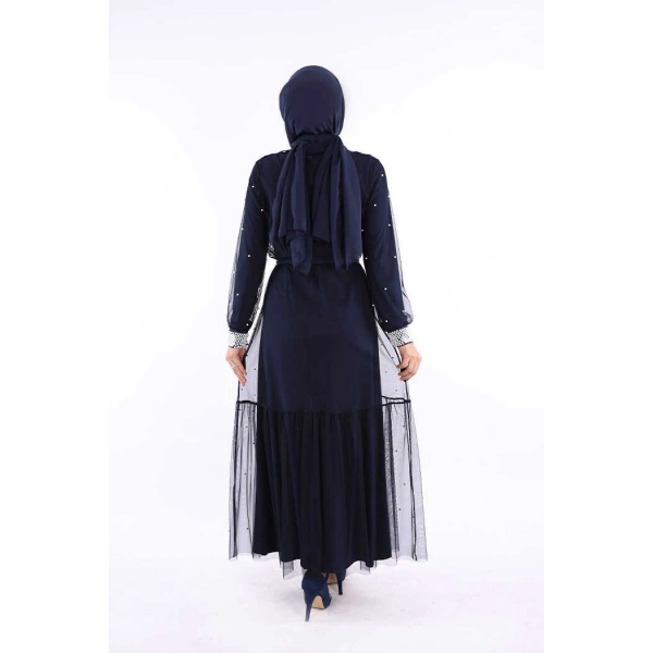 İncili Abaya Ve Elbise Takım 8491 Lacivert