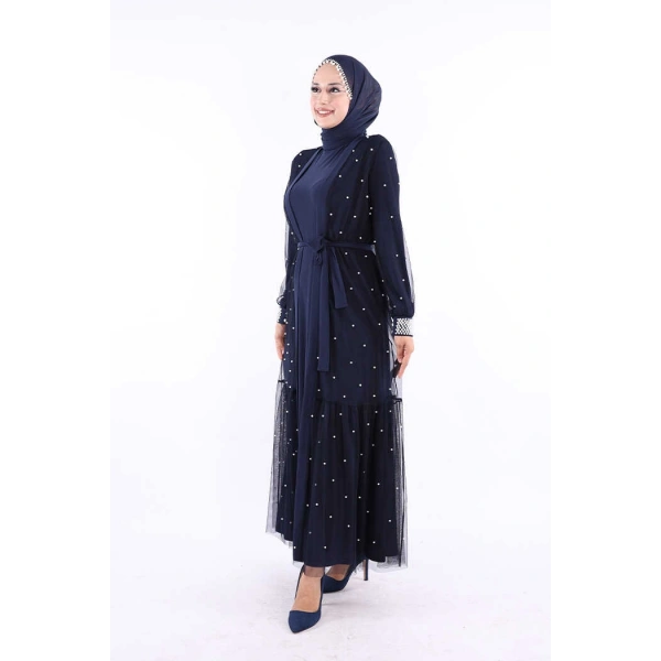 İncili Abaya Ve Elbise Takım 8491 Lacivert