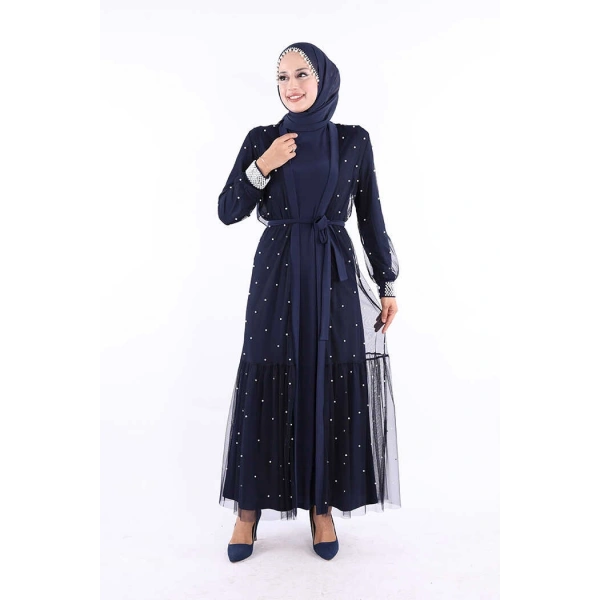 İncili Abaya Ve Elbise Takım 8491 Lacivert