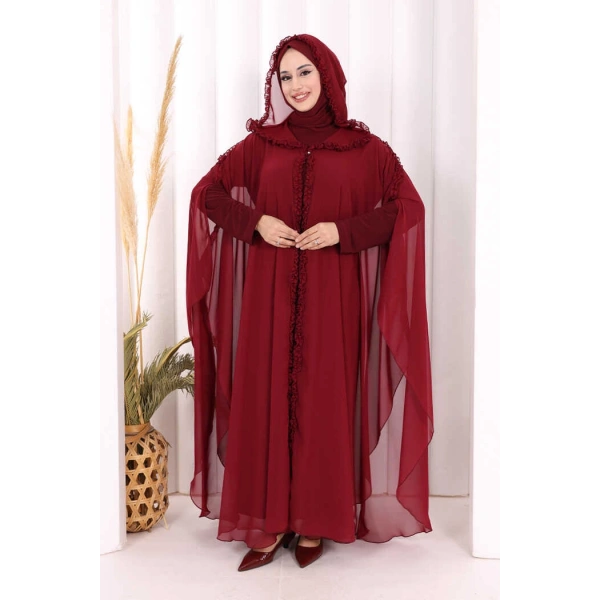 Kapişonlu Abayalı Elbise Takım 3778 Bordo