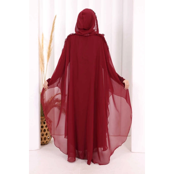 Kapişonlu Abayalı Elbise Takım 3778 Bordo