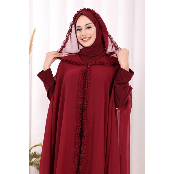 Kapişonlu Abayalı Elbise Takım 3778 Bordo