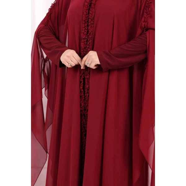 Kapişonlu Abayalı Elbise Takım 3778 Bordo