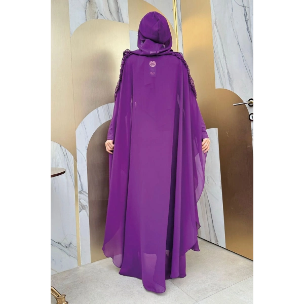 Kapişonlu Abayalı Elbise Takım 3778 Mor