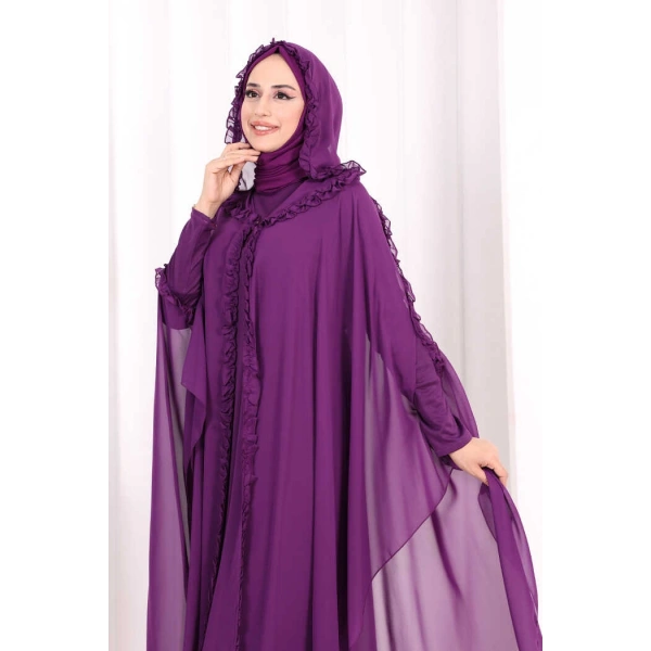 Kapişonlu Abayalı Elbise Takım 3778 Mor
