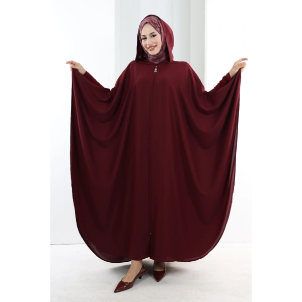 Kapşonlu Fermuarlı Pelerin 7078 Bordo