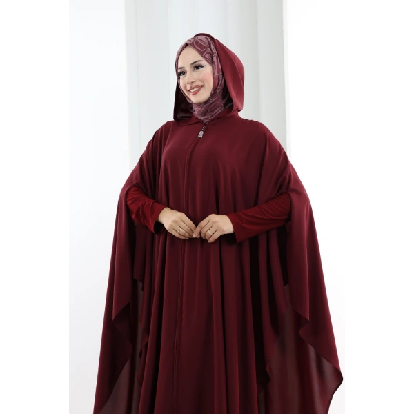 Kapşonlu Fermuarlı Pelerin 7078 Bordo