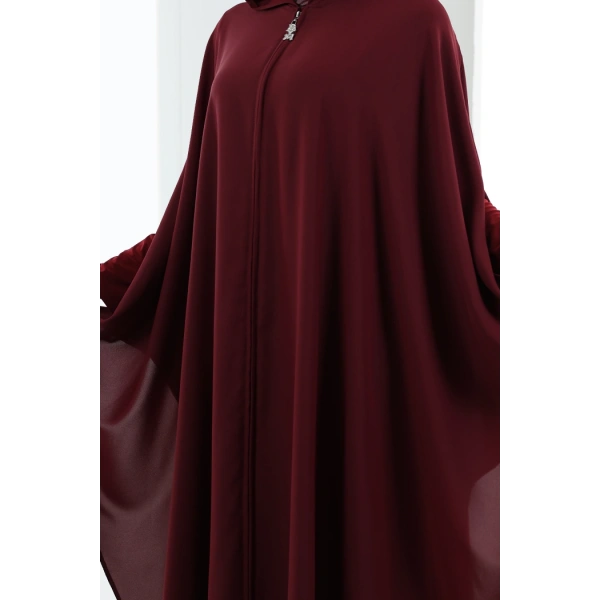 Kapşonlu Fermuarlı Pelerin 7078 Bordo